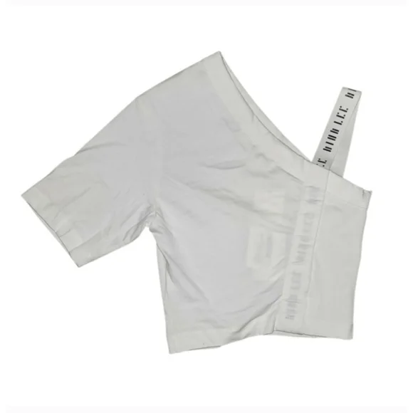 NWT Dion Lee Midweight Jersey Asymmetrical Gathered White Logo Tee - Size 0